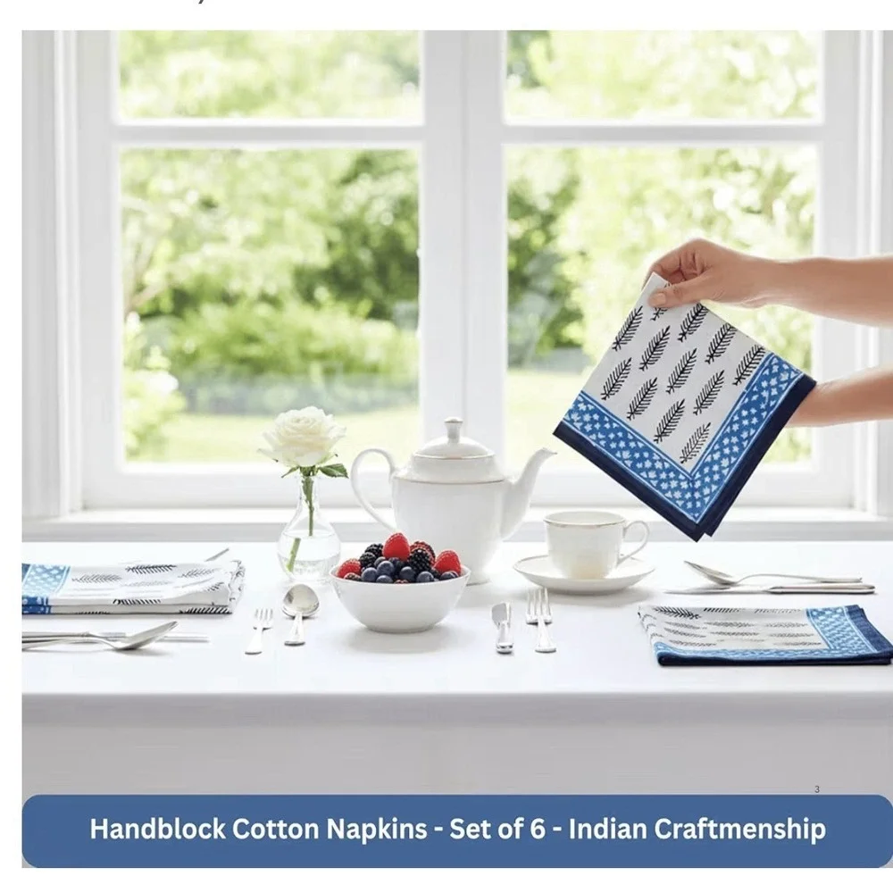 Indian Decor  Hand Block Cloth Napkins Set Of‎ 6 -Elega Cotton Blue 20x20 